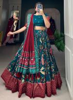 Tussar Silk Teal Navratri Wear Floral Print Lehenga Choli